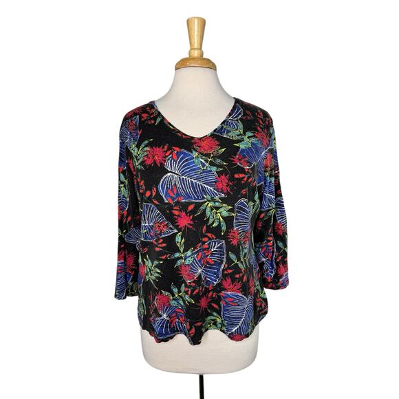 CHICOS Black Tropical Floral Rayon Blend 3/4 Sleeve Top Size Large (2) Pullover - Picture 1 of 11